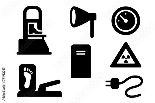 Vintage X-ray Shoe Fitter. Solid style icons of vintage X-ray shoe fitter equipment: Shoe Fitting Machine, Viewing Scope, Control