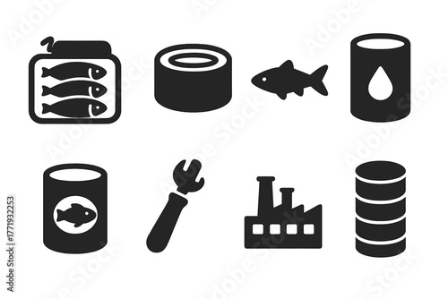 Solid Fish Icons. Solid style icons of Preserved Fish: Sardine Tin, Tin, Fish, Oil, Label, Can Opener, Factory, Stack, No text, No