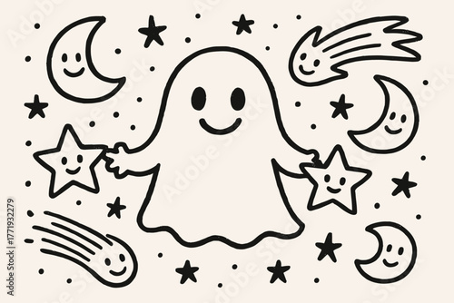 Specter's Celestial Dance. A doodle of a joyful specter holding hands with little stars, while smiling comets and moons dance