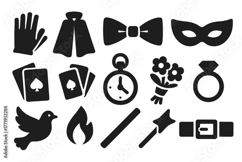 Magician Essentials Icons. Solid style icons of magician accessories: gloves, cape, bow tie, mask, deck of cards, pocket watch,