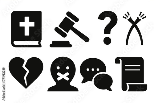 Controversial Medical Icons. Solid style icons of controversial medical history: Ethics Book, Gavel Symbol, Question Mark, Crossed