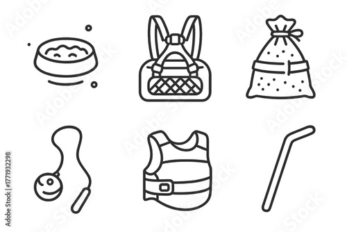 Zero-Gravity Pet Gear. Line style icons of Pet Items for Zero-Gravity (conceptual): floating pet bowl, harnessed carrier, secured
