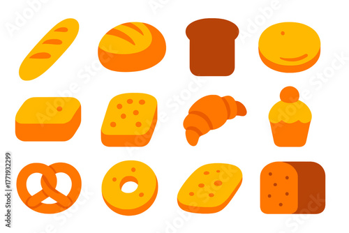 Colorful Bread Icons. Flat vector icons of bread types: baguette, sourdough loaf, rye bread, pita bread, ciabatta, focaccia,