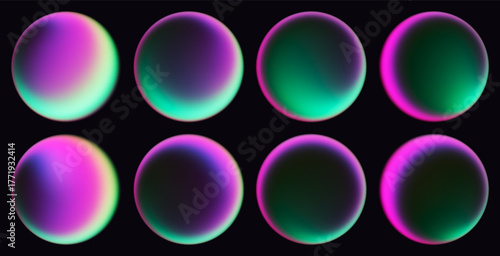 Set of glowing gradient spheres with smooth neon lighting in pink purple turquoise colors. Beautiful luminous balls for abstract art, digital banners, futuristic posters and decorative compositions