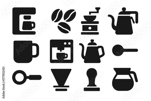 Coffee Essentials Icons. Solid style icons of coffee basics: coffee maker, beans, grinder, mug, espresso machine, kettle,