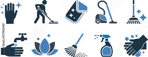 Cleaning Service Icon Set - Hygiene, Housekeeping, and Disinfection Vector Illustration for Commercial Use