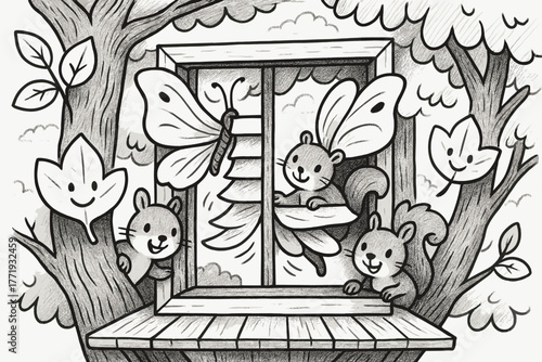Whimsical Treehouse Window. A doodle illustration of a jalousie window in a treehouse, with slats fluttering like butterfly wings,