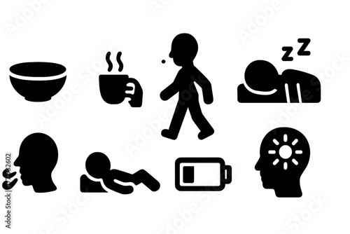 Therapeutic Fasting Icons. Solid style icons of therapeutic fasting process: Empty Bowl, Slow Sip, Long Walk, Nap Time, Breath