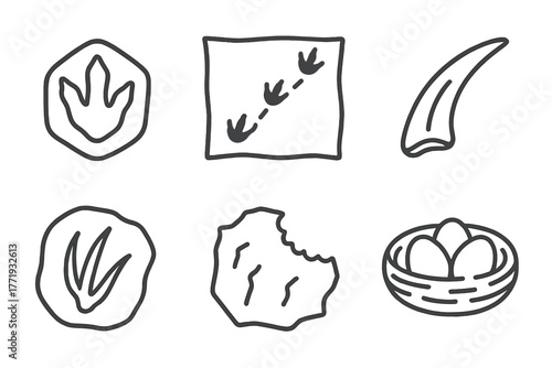 Paleontology Line Icons. Line style icons of paleontology: dinosaur footprint, trackway map, fossilized claw, trace fossil icon,