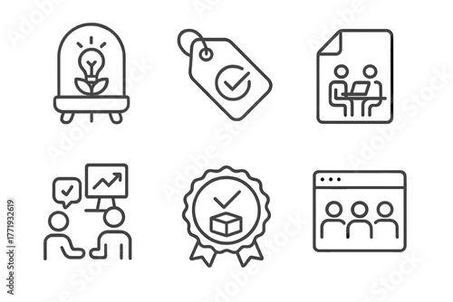 Early-Stage Startup Icons. Line style icons of Early-Stage Startup Support: Incubator program icon, accelerator tag, co-working