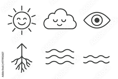 Aromatherapy Mood Icons. Line style icons of aromatherapy mood chart: happy sun, relaxed cloud, focused eye, uplifted arrow,