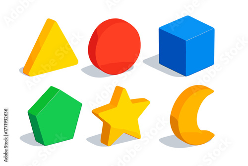 Bold Geometric Shapes. Isometric vector illustration set Colorful Shapes: bright triangle, bold circle, strong square, vivid