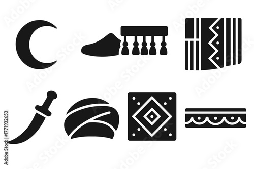 North African Iconography. Solid style icons of North African uniform influence: Crescent Embroidery, Moorish Slipper, Tassel