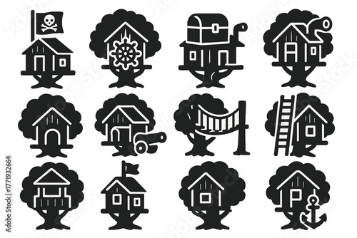 Imaginative Treehouse Icons. Solid style icons of imaginative treehouses: pirate flag, steering wheel, treasure chest, periscope,