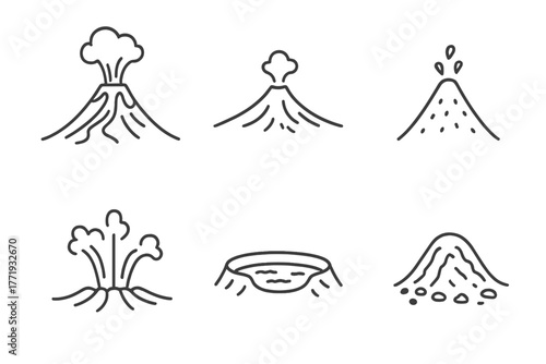 Volcano Icon Collection. Line style icons of volcanology: stratovolcano, shield volcano, cinder cone, lava dome, fissure eruption,