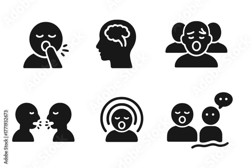 Yawning Chain Reaction Icons. Solid style icons of yawning chain reaction: First Yawn, Mirror Neuron, Group Response, Domino