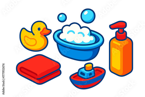 Cheerful Bath Time Icons. Isometric vector illustration set Children’s Bath Time: small bathtub, cheerful rubber duck, big soap