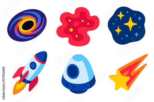 Intergalactic Icons Set. Isometric vector illustration set Intergalactic Travel: black hole spiral, pink nebula, star cluster