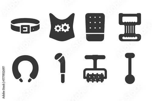 Wellness Gadgets Icons. Solid style icons of wellness contraptions: Belt Tightener, Back Brace with Gears, Foot Plate Stimulator,