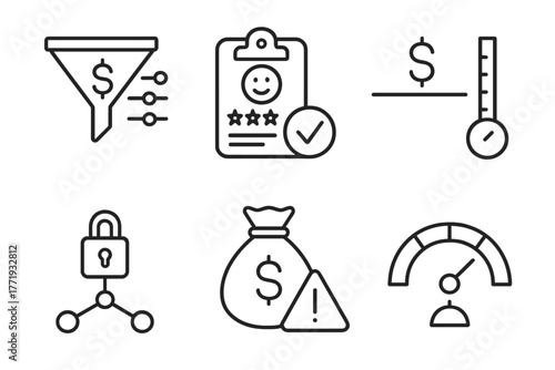 Private Equity Icons. Line style icons of private equity: investment filter settings, scoring rubric, valuation threshold, fund