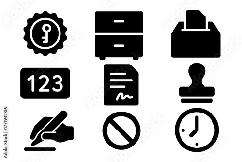 Patent Office Icons. Solid style icons of patent office submission: Patent Stamp, Filing Cabinet, Submission Box, Number Plate,