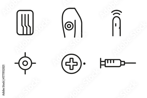 Implantable Device Icons. Line style icons of Implantable Devices: RFID chip, glucose sensor patch, micro magnet implant,