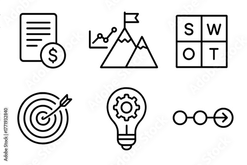 Private Equity Icons. Line style icons of private equity: investment thesis, competitive landscape, SWOT analysis, target market
