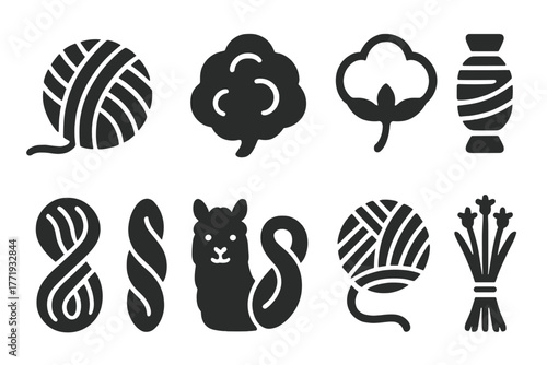 Traditional Yarn Materials. Solid style icons of traditional yarnwork materials: Natural Wool Ball, Dyed Fiber, Cotton Bundle,