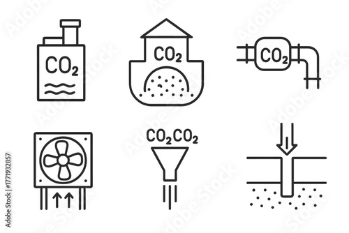 Renewable Energy Icons. Line style icons of renewable energy: carbon capture icon, storage site, CO2 pipeline, air capture fan,