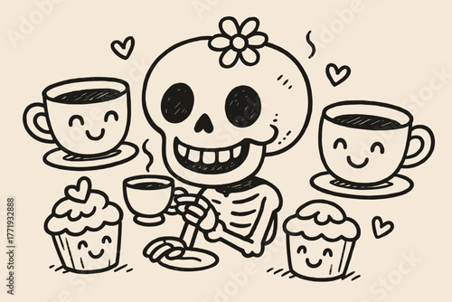 Skull Tea Party. A doodle of a happy skull sipping tea, its bregma spot decorated with a flower, while smiling cups and cakes