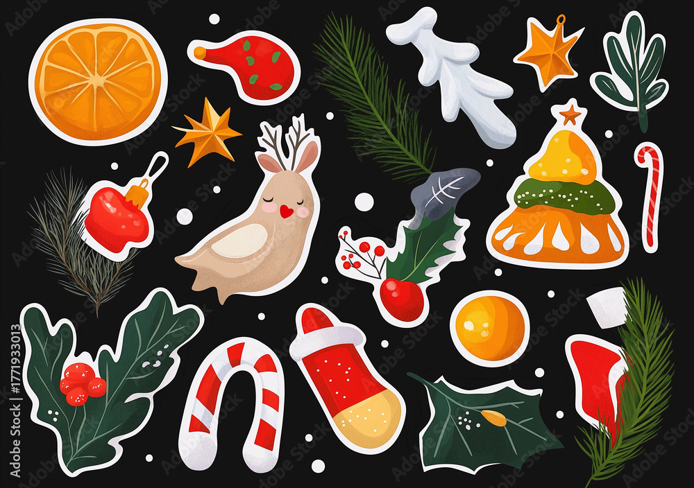 Naklejka premium New Year Christmas Tree Ornament Stickers White Background Set Santa Reindeer DIY Craft Jingle Bells Holidays Thanksgiving Day Winter