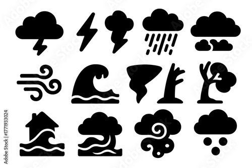 Storm Icons Collection. Solid style icons of storm elements: thundercloud, lightning bolt, heavy rain, dark sky, strong wind,