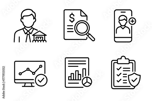 Hedge Fund Icons. Line style icons of hedge funds: fund manager profile, due diligence process, investor onboarding, fund