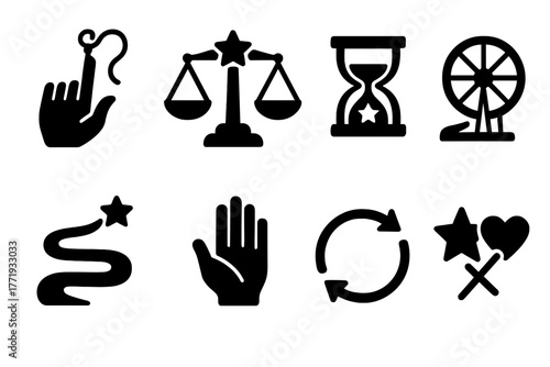 Astrological Fate Icons. Solid style icons of astrological fate concepts: Thread of Destiny, Cosmic Balance, Timed Hourglass,