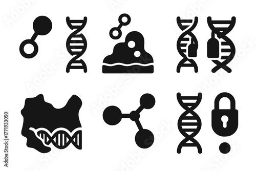 DNA Methylation Icons. Solid style icons of DNA methylation process: Methyl Group Addition, CpG Island Mark, DNA Helix with Tags,