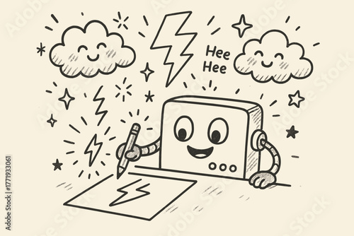 Joyful Machine Doodles. A doodle of a smiling machine drawing lightning bolts on paper, with happy sparks, giggling clouds, and