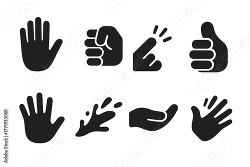 Dynamic Hand Gestures. Solid style icons of hands and movement: Open Palm, Gripping Fingers, Tapping Motion, Pressing Thumb,