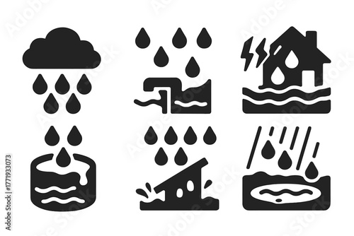 Extreme Rainfall Icons. Solid style icons of extreme rainfall visuals: Heavy Cloud Mass, Droplet Cluster, Overflowing Drain, Flash