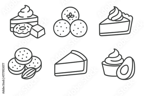 Keto Diet Icons. Line style icons of ketogenic diet: keto desserts, fat bombs icon, almond flour cookies, coconut cream pie,