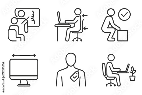 Chiropractic Care Icons. Line style icons of chiropractic care: ergonomic education, desk posture guide, lifting with knees symbol