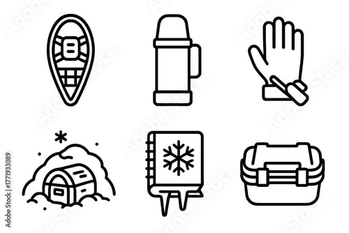 Winter Geocaching Icons. Line style icons of Winter Geocaching Tools: snowshoe, insulated flask, glove with stylus, cache in snow