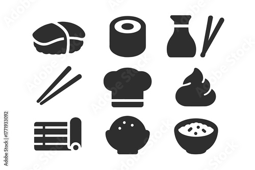 Sushi Essentials Icons. Solid style icons of sushi restaurant essentials: Nigiri, Maki Roll, Soy Sauce Bottle, Chopsticks, Sushi