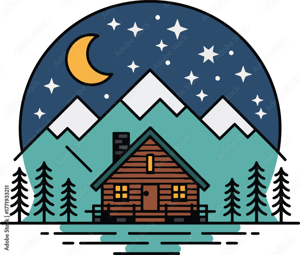 Naklejka premium Night wilderness mountain cabin vector badge design starry sky crescent moon frozen lake reflection