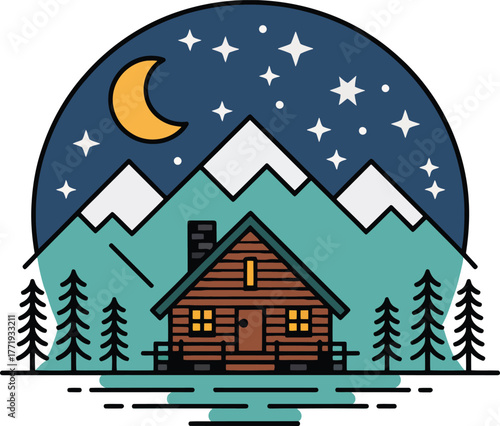 Night wilderness mountain cabin vector badge design starry sky crescent moon frozen lake reflection