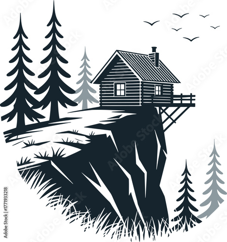 Remote log cabin vector illustration on mountain cliff surrounded by pine forest landscape scene