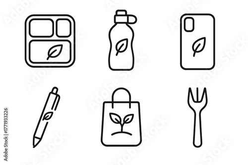 Biodegradable Icons Set. Line style icons of biodegradable plastics: reusable bioplastic items, green water bottle icon,