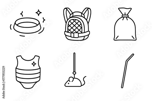 Zero-Gravity Pet Gear. Line style icons of Pet Items for Zero-Gravity (conceptual): floating pet bowl, harnessed carrier, secured
