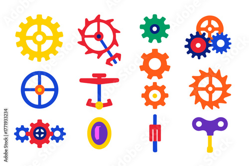 Vibrant Clockwork Icons. Flat vector icons of clock mechanisms: brass gear wheel, escapement gear, pinion gear, gear train