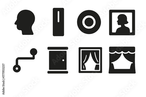 Classic Peep Show Icons. Solid style icons of Classic Peep Shows: Viewer, Coin Slot, Lens, Image, Crank, Cabinet, Curtain, Stage,