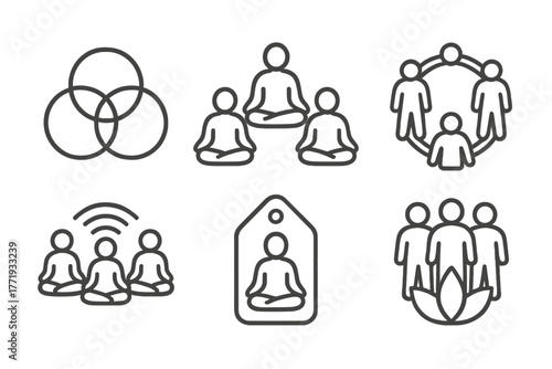 Holistic Healing Icons. Line style icons of holistic healing: wellness circles, group meditation icon, healing tribe symbol,